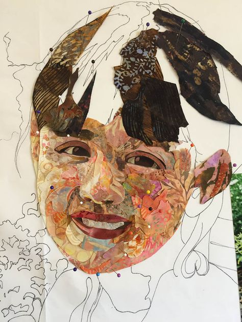 Susan Carlson Throwback Thursday: Fabric Collage at Woodland Ridge Retreat 2017 Susan Carlson, Face Collage, Art Quilting, Collage Portrait, Eden Project, Creative Textiles, Art Terms, Collage Techniques, Fabric Collage