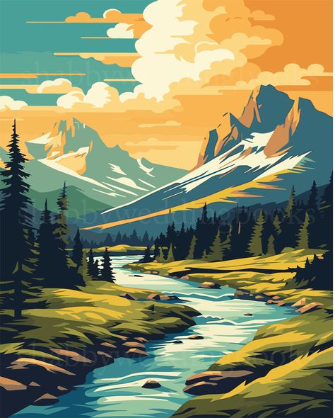 "Mountain Scene Art-Digital download-unframed-16x20-Wall Art Poster-Rocky Mountain Park Vector Art- Mountain River Print-Nature Landscape. Jpg and Illustrator Vector file included Instant download digital file, High quality JPG. Your download will NOT have a watermark.  Dimensions:  20\" x16\", 300 dpi. Print as many as you need. Will scale down to smaller sizes.  PLEASE NOTE:  * FRAME IS NOT INCLUDED.! You are purchasing a digital file only, YOU WILL NOT RECEIVE A PRINT OF ANY KIND. Just a digi Vector Art Landscape, Mountains Illustration, Park Illustration, Vector Landscape, Frame Image, Nature Poster, Illustrator Vector, Mountain Park, Mountain River