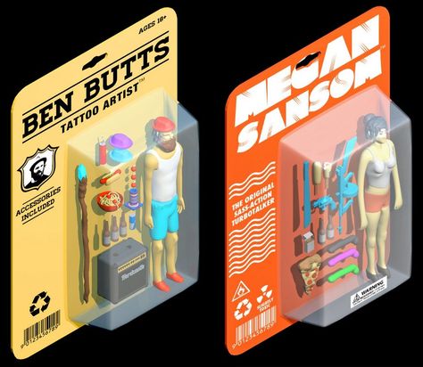 Jordan Speer, Action Figure Illustration, Action Figure Packaging Design, Retro Toy Packaging, Vintage Toy Packaging, Action Figure Packaging, Vinyl Figures Toys, Blister Packaging, Weird Toys