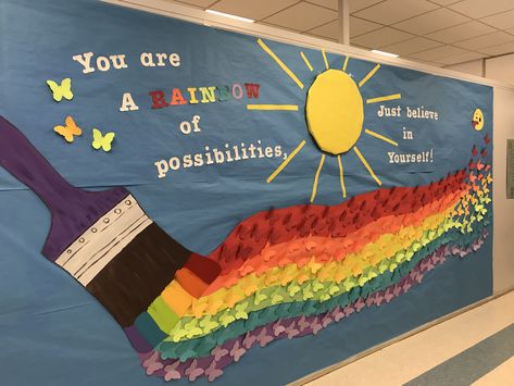 5th grade hallway! Rainbow of possibilities! Rainbow Hallway Decoration School, We Are A Rainbow Of Possibilities, Rainbow Display Classroom, Rainbow Of Possibilities Bulletin Board, School Welcome Bulletin Boards, Rainbow Display, Soft Board Decoration, Rainbow Of Possibilities, Display Boards For School