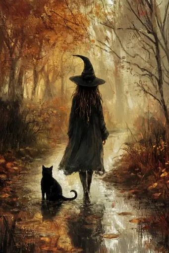 ↑↑↑ Larger size on website 🔸 A lone witch in a black cloak and pointed hat walks through an autumnal forest, her back to the view Autumnal Forest, Witch Lovers, Solitary Witch, Autumn Witch, Black Cloak, Muted Colours, Fallen Leaves, A Black Cat, A Lone