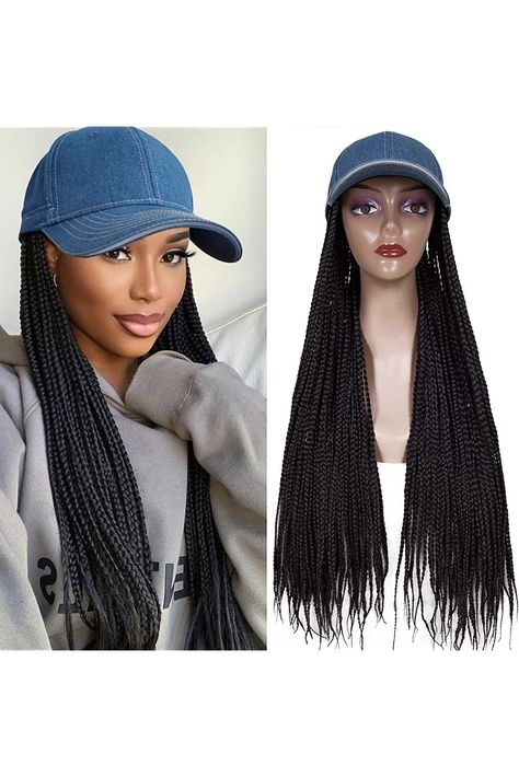 YEZHIQIU Braided Hat Wig Fashion Denim Baseball Cap Wig with 24Inches Long 3X Box Braids Jean Cap Wig Hat with Synthetic Braiding Hair Adjustable Cap Hat Wig for Women Suitable for Big Head Circumference (1B#) Diy Hair Wig, Denim Baseball Cap, Wig Hat, Beautiful Braids, Box Braids, Diy Hairstyles, Denim Fashion, Wig Hairstyles, Baseball Cap