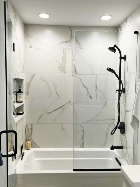 Shower Door Ideas With Tub, Bathtub Curtain Ideas, Tub Shower Combo Remodel, Glass Shower Tub, Bathroom Tub Shower Combo, Bathtub Enclosures, Bathroom Redecorating, Bathtub Shower Combo, Bathroom Shower Doors