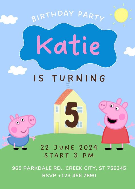 Gain instant access to Canva template link - Editable and printable 5 x 7 (portrait) Peppa Pig-Themed Birthday Party Invitation. Peppa Pig Invites, Props Pig Birthday, Peppa Pig Birthday Decorations, Peppa Pig Birthday Invitations, Peppa Pig Party, Pig Party, Peppa Pig Birthday, Pig Birthday, Birthday Party Invitation