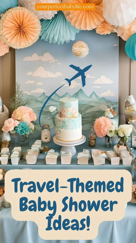 A travel themed baby shower for an article about the best travel themed baby shower ideas New Adventure Baby Shower Theme, Travel Theme Games, Around The World Baby Shower Theme, Little Explorer Baby Shower Theme, Adventure Begins Baby Shower Ideas, Adventure Theme Baby Shower Ideas, Travel Theme Baby Shower Ideas, Travel Themed Baby Shower Ideas, Greatest Adventure Baby Shower Theme