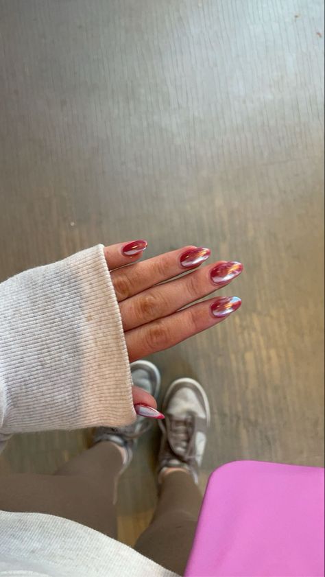 red chrome nails acrylic nails nails ideas Red And Metallic Nails, Red Chrome Nails Designs Valentines, Red Nails Chrome, Cherry Chrome Nails, Nails Red Chrome, 21st Nails, Chrome Red Nails, Rudolph Nails, Nail Journey