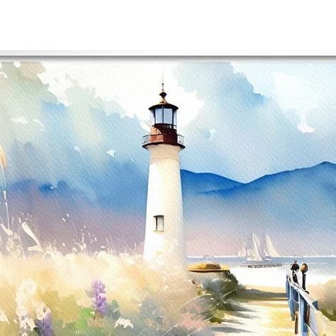 Watercolor Lighthouse Paintings, Watercolor Landscape Tutorial, Lighthouse Watercolor, Watercolor Lighthouse, To The Lighthouse, Watercolor Art Landscape, Seaside Art, Lighthouse Painting, Lighthouse Art