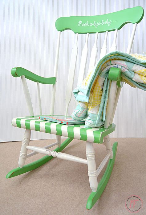 Nursery Rocking Chair Makeover Rocking Chair Redo, Rocking Chair Makeover, Painted Rocking Chairs, Old Rocking Chairs, Hand Painted Chairs, Chair Redo, Kids Rocking Chair, Childrens Rocking Chairs, Wooden Rocking Chairs