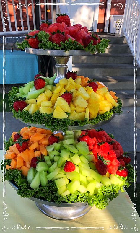 Bridal shower fruit tier 3 Tier Fruit Display, Tiered Fruit Tray, Bridal Shower Fruit Display, Fruit Tray Ideas For Wedding, Bridal Shower Food Table Display, Bridal Shower Fruit, Fruit Tiered Tray, Creative Fruit Tray Ideas, Fruit Boards