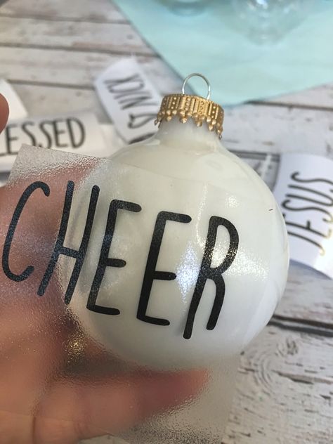 DIY Rae Dunn Inspired Ornaments to add to your Christmas Tree Rae Dunn Christmas, Easy Christmas Ornaments, House Design Trends, Clear Ornaments, Cheerleading Gifts, Dollar Tree Christmas, Holiday Ribbon, Christmas Fonts, White Ornaments