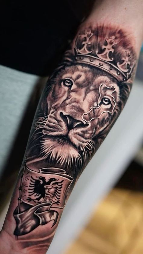 Albanian Tattoo Ideas, Albania Tattoo, Albanian Tattoo, Small Leo Tattoo, Lion Hand Tattoo, Pop Culture Tattoos, Zodiac Signs Leo Tattoo, Lion Forearm Tattoos, Leo Zodiac Tattoos