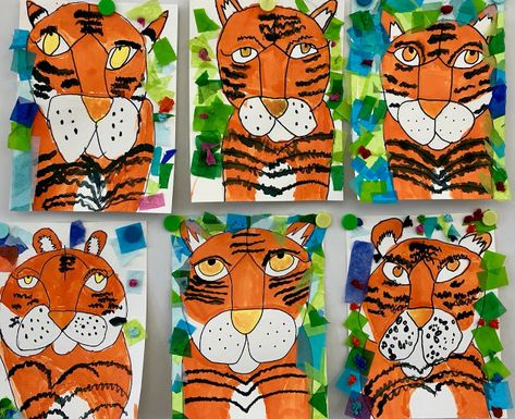 Kathy's Art Project Ideas: Tiger in The Jungle Inspired By Henri Rousseau Henri Rousseau Tiger, Rainforest Art For Kids, Tiger Art Lesson, Jungle Art Projects, Themed Art Projects, Animal Art For Kids, Rainforest Art, Tiger In The Jungle, Jungle Animal Art