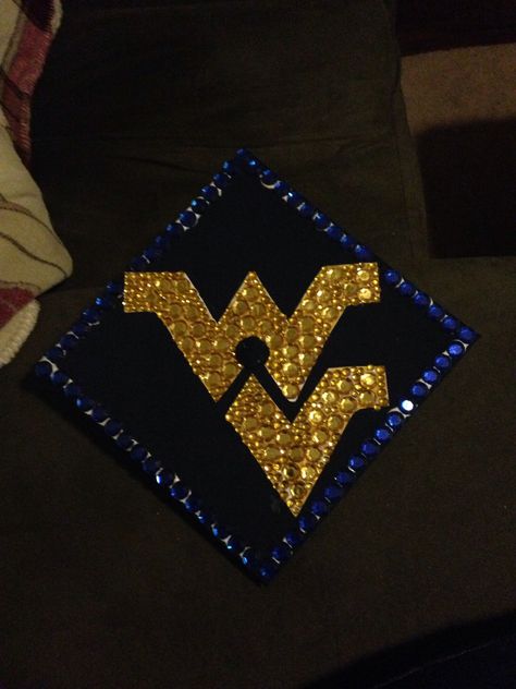 WVU graduation cap I decorated!! Wvu Graduation Cap, Club Outfits Clubwear, Clever Thoughts, Grad Party Ideas, Graduation Dress College, Wvu Mountaineers, Graduation Pics, Bridal Bra, Grad Caps