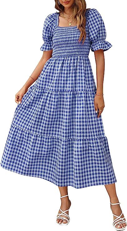 Summer Flowy Dresses, Beach Midi Dress, Blue Gingham Dress, Summer Plaid, Calf Length Dress, Bohemian Summer, Essential Dress, Square Neck Dress, Gingham Dress