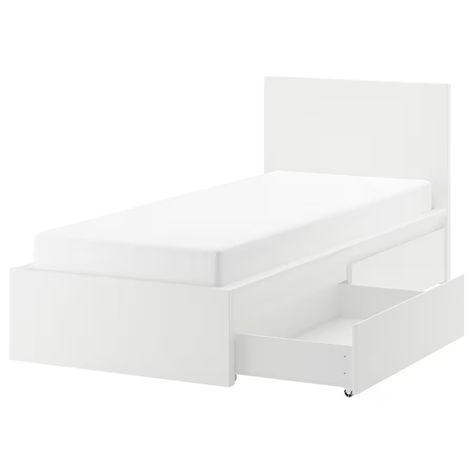 MALM bed frame, high, w 2 storage boxes, white/Lindbåden, 90x200 cm - IKEA Malm Bedframe, Bed With Storage Underneath, Bed Frame High, Malm Bed Frame, High Bed Frame, Malm Bed, High Bed, High Beds, Ikea Malm