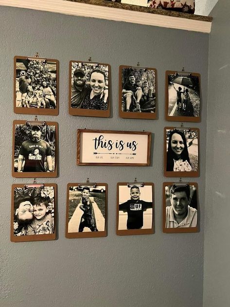 Clipboard Photo Wall, Boho Picture Display Ideas, Clipboard Picture Frame, Modern Family Photo Wall, Stairway Decor, Family Photos Wall Decor, Clipboard Art, Family Pictures On Wall, Gallery Wall Layout