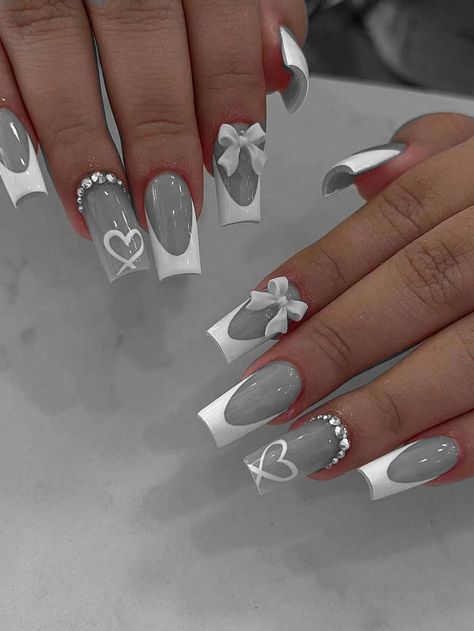 Gray Birthday Nails, Gray And Pink Nails Ideas, Grey And Pink Nails, White Nail Ideas, Hena Designs, Bow Nail Designs, Bow Nails, Grey Nails, Bow Nail