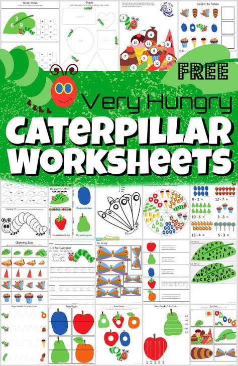 Grab this HUGE pack of the very hungry caterpillar worksheets to help kids will have fun practicing their letters, counting, using scissors, adding, telling time, and so much more. These free preschool worksheets are super cute and such a fun book based activity is perfect to sneak in some fun math and listeracy practice with a cute, hungry caterpillar worksheets. These happy caterpillar themed pages are perfect for toddler, preschool, pre-k, kindergarten, first grade, and 2nd grade students. Very Hungry Caterpillar Preschool Theme, The Very Hungry Caterpillar Activities Kindergarten, Very Hungry Caterpillar Printables Free, The Very Hungry Caterpillar Printables, Very Hungry Caterpillar Worksheets, Caterpillar Worksheets, Caterpillar Craft Preschool, Very Hungry Caterpillar Printables, Caterpillar Preschool