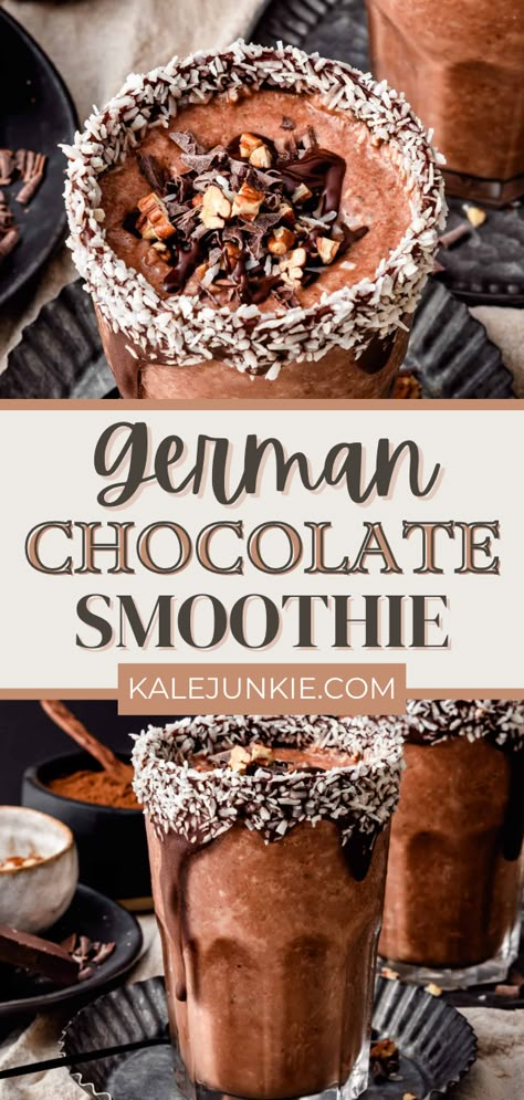 This German Chocolate Smoothie is life changing! Every sip is like biting into a decadent chocolate cake and will absolutely blow your mind. You will be dreaming about this smoothie! The best part is how healthy this recipe is without compromising on flavor, so try out this tasty smoothie today! Chocolate Smoothie Recipes Healthy, Dark Chocolate Smoothie, Kalejunkie Recipes, Health Shots, Chocolate Smoothie Recipes, Healthy Chocolate Recipes, Sugar Free Diet, Simple Breakfast, Best Smoothie Recipes