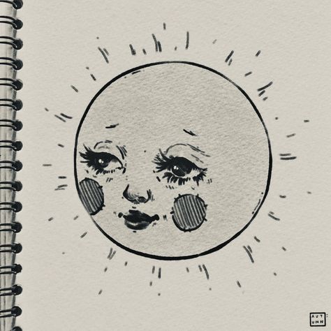 Good Morning Beautiful Tattoo, Sun And Moon With Faces Tattoo, Creative Sun Drawing, Moon Aesthetic Doodle, Sun Face Illustration, Cool Sun And Moon Tattoos, Sun And Moon Art Nouveau, Vintage Moon Drawing, Witchy Aesthetic Drawing