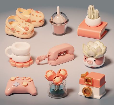 Cozy • Isometric • Blender on Instagram: “Pink assets of my next scene🌷 . . . . . . . . #b3d #blender3d #blender #3d #3dart #3dartwork #digitalart #digitalartist #pink #props…” 3d Things, Hello Kitty House, Props Art, ดินปั้น Polymer Clay, Isometric Art, Tanah Liat, Isometric Design, Blender Tutorial, 3d Artwork