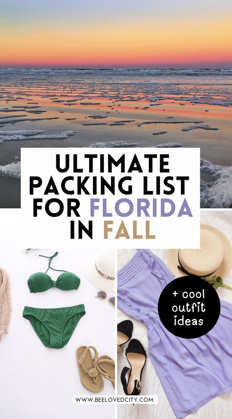 Wondering what to wear in Florida in November? From warm days to cooler evenings, pack light layers and versatile outfits perfect for fall in the Sunshine State! Whether you're hitting the beach or exploring city sights, we’ve got your travel packing list covered. Don’t forget comfy shoes, swimwear, and sun protection for that classic Florida vibe. #FloridaPackingList #TravelToFlorida #FloridaInFall Fall Beach Packing List, Fall Outfits At The Beach, Things To Pack For Florida, Weekend In Florida Outfits, Fall Break Beach Outfits, Late Summer Vacation Outfits, Fall Beach Outfits Women, Florida Weekend Packing List, Florida Trip Packing List