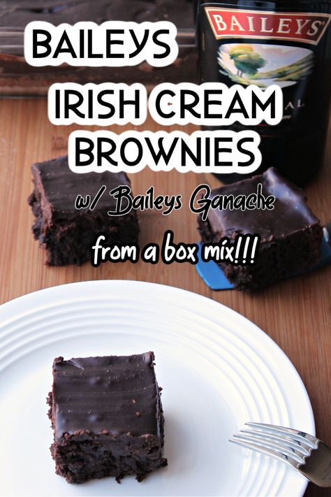 Great brownies can come from a box with a little help. These Baileys brownies start with boxed brownie mix and the liquid is replaced with Baileys for a subtle Irish Cream flavor. But then they are topped with an easy Irish Cream Chocolate Ganache topping! This decadent dessert is great for St. Patrick's Day but why limit it to then, make them any time! Irish Cream Brownies Easy, Bailey's Irish Cream Brownies, Baileys Brownies Box Cake Mixes, Recession Recipes, Baileys Irish Cream Brownies, Baileys Brownies, Irish Cream Brownies, Bailey Brownies, Boxed Brownie Recipes