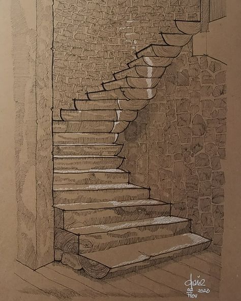 Stairs Sketch Perspective, How To Draw Stairs Perspective, Staircase Drawing Perspective, Walking Down Stairs Reference Drawing, Going Down Stairs Drawing, How To Draw Stairs Step By Step, Stairs Drawing Reference, Stairs Art Drawing, Stairway Drawing