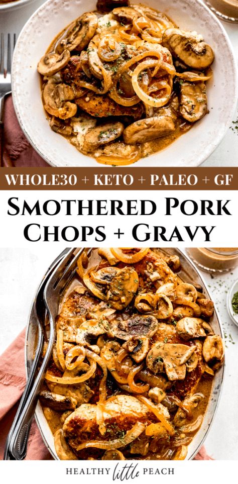 Healthy Pork Chops, Healthy Pork Chop Recipes, Mushroom Pork Chops, Paleo Pork, Pork Chops And Gravy, Healthy Pork, Smothered Pork, Crockpot Pork Chops, Cauliflower Mash