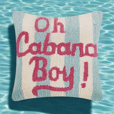 🌊 JUST ARRIVED ! Add a playful touch to your home decor with our “Oh Cabana Boy” cushion! Featuring a 100% wool front and a sumptuous velvet back, this stylish accent piece is perfect for any lounging space. Beach Color Palettes, Southern Style Home, Hook Pillow, Palm Beach Style, Hooked Pillow, Hooked Wool, Hook Design, Pink Turquoise, Cotton Velvet