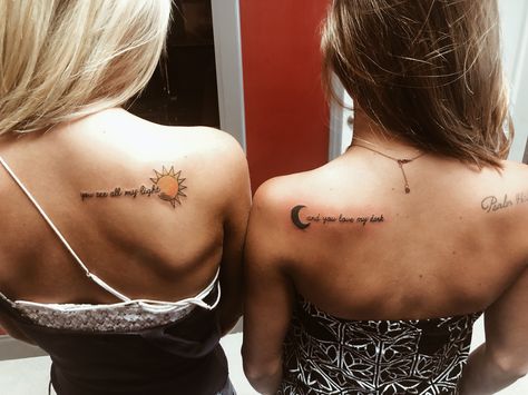 BFF tattoos #sun #moon #bfftattoos #light #dark #tattoo #blonde #brunette Bff Tats, Bff Tattoos, Sun Tattoo, Dark Tattoo, Blonde Brunette, Day Night, Sun Moon, Tattoo Quotes, Tatting