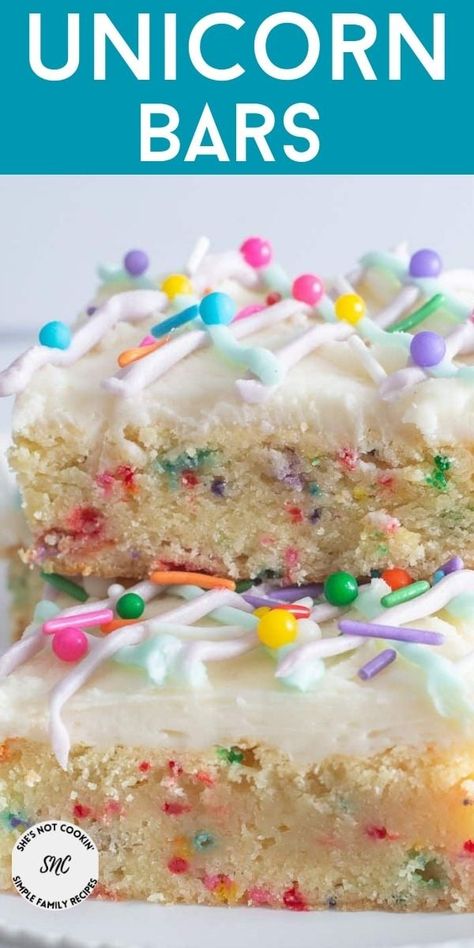 These fun and delicious Unicorn Bars feature a dense white chocolate blondie with a luscious buttercream frosting. Perfect for any occasion. Rhubarb Loaf, White Chocolate Blondies Recipe, Chocolate Blondies Recipe, Fun Easy Desserts, Chocolate Blondies, White Chocolate Brownies, White Chocolate Blondies, Easter Desserts Recipes, Blondies Recipe