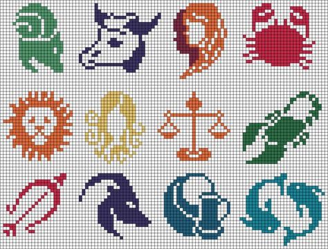 Pixel Art Zodiac Signs, Pixel Zodiac Signs, Pixel Art Pattern Zodiac, Zodiac Crochet Pattern, Zodiac Cross Stitch, Cross Stitch Zodiac Signs, Zodiac Cross Stitch Patterns Free, Virgo Cross Stitch Pattern, Aries Cross Stitch Pattern