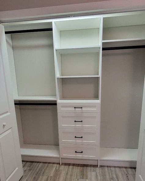 Closet Tower With Drawers, Menards Closet Organizer, Closet With Drawers And Hanging Space, Closet With Chest Of Drawers Inside, Reach In Closet Design Layout, Closet With Dresser Inside, Small Closet Renovation, Closet Drawer System, Drawers In Closet