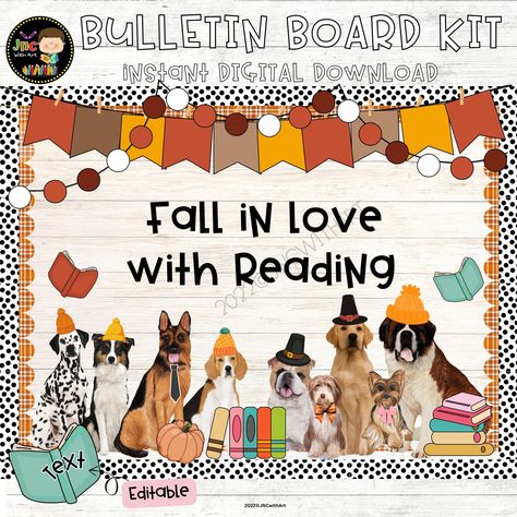 Fall Pups Bulletin Board Kit Door decor Fall in love with Reading September Editable Fall Themed Library Bulletin Boards, Fall In Love With Reading, Fall Board, Fall Boards, Fall Bulletin Boards, Library Bulletin Boards, Fall Reading, Fall Printables, Decor Fall