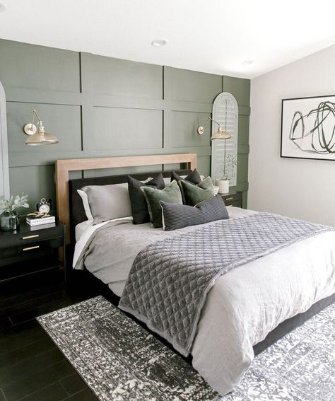 40 Earthy Bedroom Ideas You'll Love Waking Up To Blue Green Bedrooms, Panelling Ideas, Green Accent Wall, Olive Green Bedrooms, Pearl House, Green Accent Walls, Earthy Bedroom, Sage Green Bedroom, Bedroom Accent