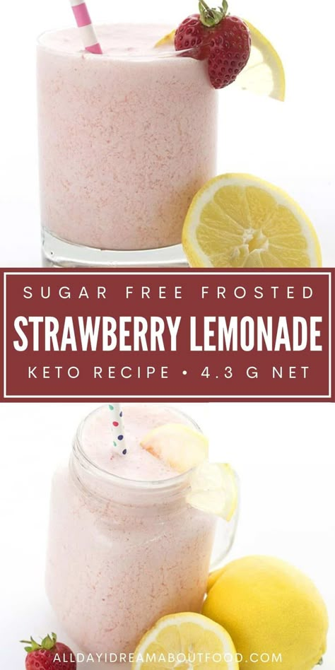 Cool off with some delicious keto strawberry frosted lemonade. Made with healthy whole ingredients and no added sugar, this frosty keto drink will quickly become a warm weather favorite! Keto Drinks And Smoothies Recipes, Keto Lemonade, Low Carb Coffee Creamer, Carolyn Ketchum, Keto Water, Keto Beverages, Frosted Lemonade, Sugar Free Drinks, Keto Drinks