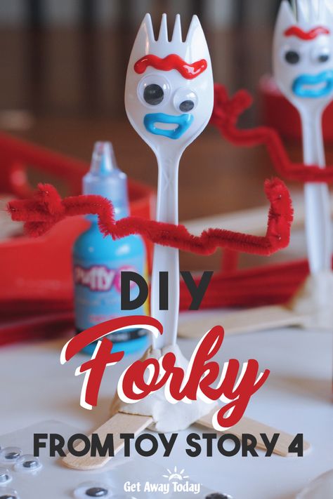 Make Forky from Toy Story 4 Toy Story Forky Craft, Sporky Toy Story Diy, Dollar Tree Toy Story Diy, How To Make Forky From Toy Story, Diy Forky Craft, Toy Story Decorations Diy, Make Your Own Forky, Forky Craft, Diy Forky