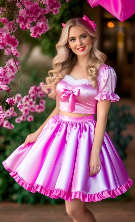 Girly Costumes, Pink Doll Dress, Purple Satin Dress, Transgender Outfits, Shiny Dress, Girly Girl Outfits, Frilly Dresses, Shiny Dresses, Girly Dresses