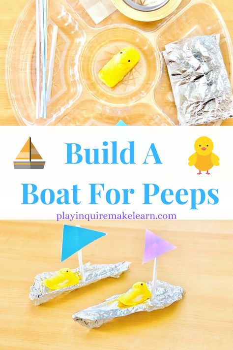 Check out this fun S.T.E.A.M. project to build a boat for Easter Peeps to float on! How many peeps can your boat hold? Easter Enrichment Activities, April Stem Activities Elementary, Spring Stem Activities Elementary, Building Provocations, Fishing Stem Activities, Peeps Stem Activities For Kids, Stem Boats That Float, Build A Boat That Floats Stem Challenges, Tin Foil Boat Stem Challenge