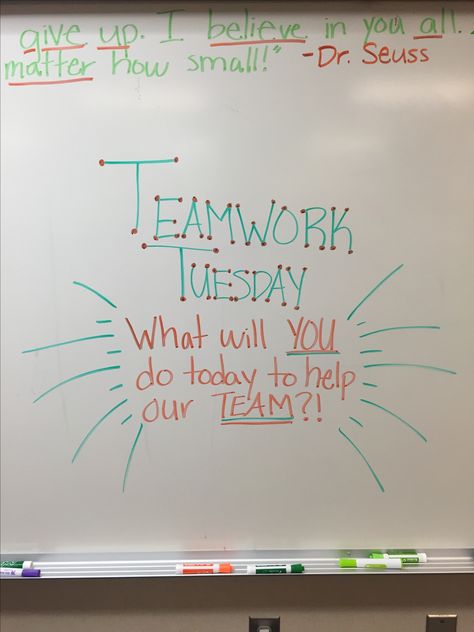 Teamwork Tuesday Tuesday Theme Days, Tuesday Morning Meeting, Education Thoughts, Whiteboard Prompts, Work Questions, Whiteboard Messages, Work Notes, Morning Activities, Morning Meetings