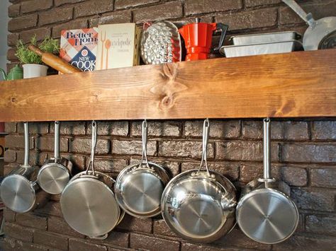 DIY Kitchen Pot Rack and Storage Shelf Diy Kitchen Storage Shelves, Diy Farmhouse Kitchen Decor, Cocina Diy, Pan Storage, Kitchen Storage Hacks, Pot Rack Hanging, Kitchen Storage Shelves, Kitchen Organization Diy, Diy Kitchen Storage