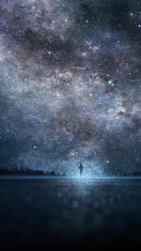 Amazing Shiny Starry Skyscape Lonely Man Shadow #iPhone #6 #plus #wallpaper Night Sky, Lake, Wallpapers, Iphone, Stars, Water