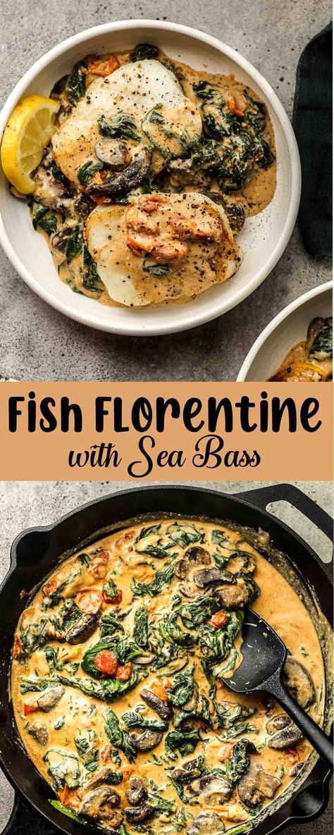 Indulge in the scrumptious flavors of Fish Florentine with Sea Bass – a delectable dish that combines pan-fried fish fillets resting on a medley of spinach and various veggies, all crowned with a velvety sauce. This recipe is easily adapted to your family's taste buds! Corvina Sea Bass Recipes, French Fish Dishes, Fish Spinach Recipes, Seabass Dishes, Sea Bass Recipes Healthy Baked Fish, Sea Bass Dishes, Cod Florentine Recipe, Pescatarian Fall Recipes, Sea Bass Side Dishes