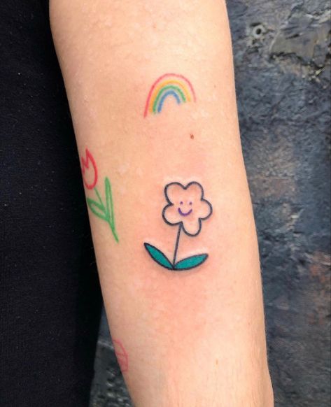 Happy Flower Tattoo, Flower Power Tattoo, Human Doodle, Art School Inspiration, Tattoos Inspo, Power Tattoo, Free Hand Tattoo, E Tattoo, Cartoon Tattoos