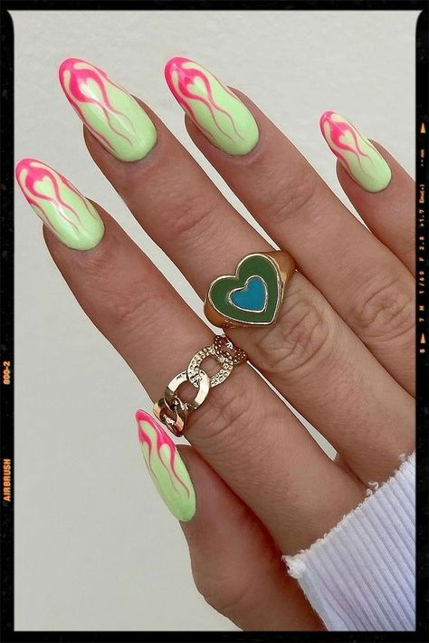 Almond Nails - Neon Nails Neon Green And Pink Nails Almond, Hot Pink And Green Nails, Nails With Flame Design, Pink Flames, Character Nails, Study Core, Nails Styles, App Filter, St Patricks Day Nails