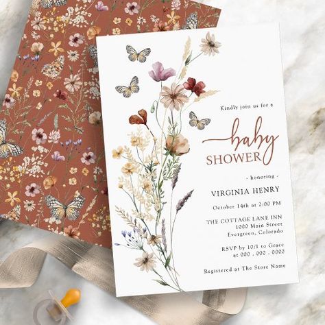 $2.04 | Butterfly Boho Wildflower Baby Shower #wildflower baby shower, watercolor floral, rustic boho floral, elegant script calligraphy, a little butterfly, earth tone bohemian flowers, spring summer fall, whimsical garden butterfly pattern, terracotta copper burnt orange rust, baby girl boy gender neutral Sage Green Baby Shower, Green Baby Shower Invitations, Calligraphy A, Butterfly Baby Shower Invitations, Baby Shower Boho, Watercolor Butterflies, Butterfly Invitations, Blue Baby Shower Invitations, Wildflower Baby Shower