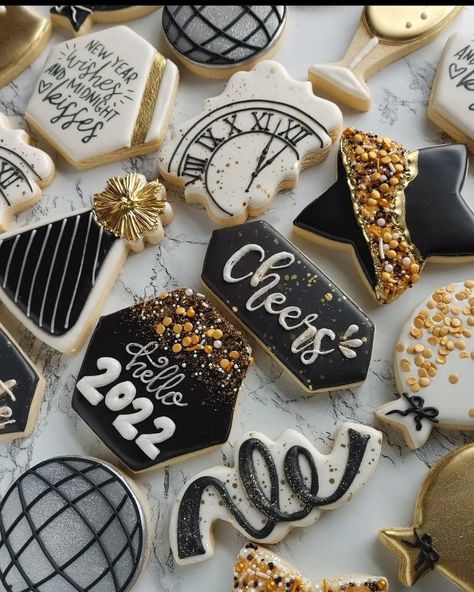 Nye Royal Icing Cookies, New Years Iced Cookies, New Year’s Eve Cookies Decorated 2024, New Years Cookie Ideas, New Years Royal Icing Cookies, New Year’s Eve Cookies Decorated, New Years Cookies Decorated Royal Icing, New Year Cookies Decorated, New Year’s Eve Cookies