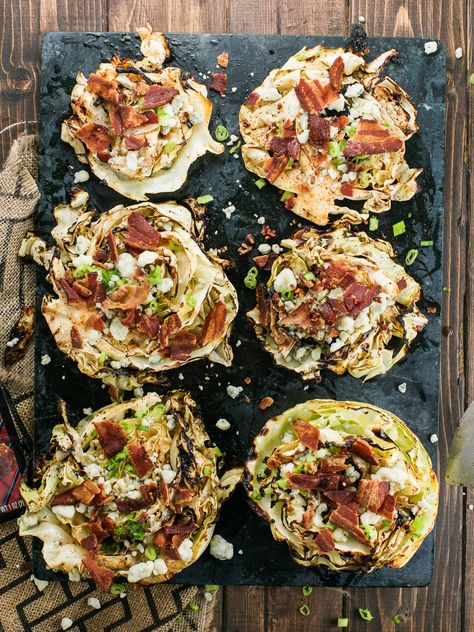 Grilled Cabbage Steaks With Bacon & Blue Cheese - Dad With A Pan Cabbage Steaks With Bacon, Grilled Cabbage Steaks, Cabbage With Bacon, Blue Cheese Recipes, Grilled Cabbage, Cabbage Steaks, Grilled Fruit, Marinated Steak, Cabbage Recipes