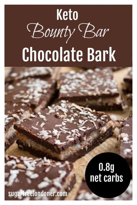 Dark chocolate with a soft and creamy coconut filling: You only need 5 ingredients for this sugar free, low carb Bounty Bar Chocolate Bark. #bountybars #lowcarbrecipe #sugarfreesweets Keto Bounty Bars, Keto Bark, Mounds Bars Recipe, Carbs Food, Bounty Chocolate, Sugar Free Desserts Easy, Mounds Bar, Peanut Brittle Recipe, Coconut Filling